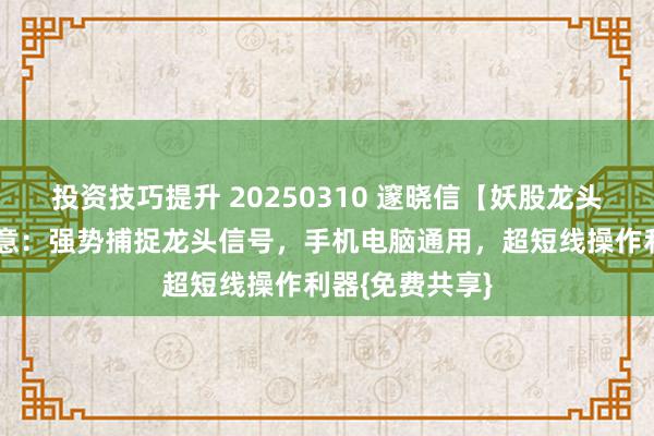 投资技巧提升 20250310 邃晓信【妖股龙头】副图选股蓄意：强势捕捉龙头信号，手机电脑通用，超短线操作利器{免费共享}