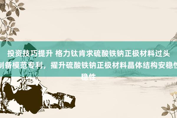 投资技巧提升 格力钛肯求硫酸铁钠正极材料过头制备模范专利，擢升硫酸铁钠正极材料晶体结构安稳性